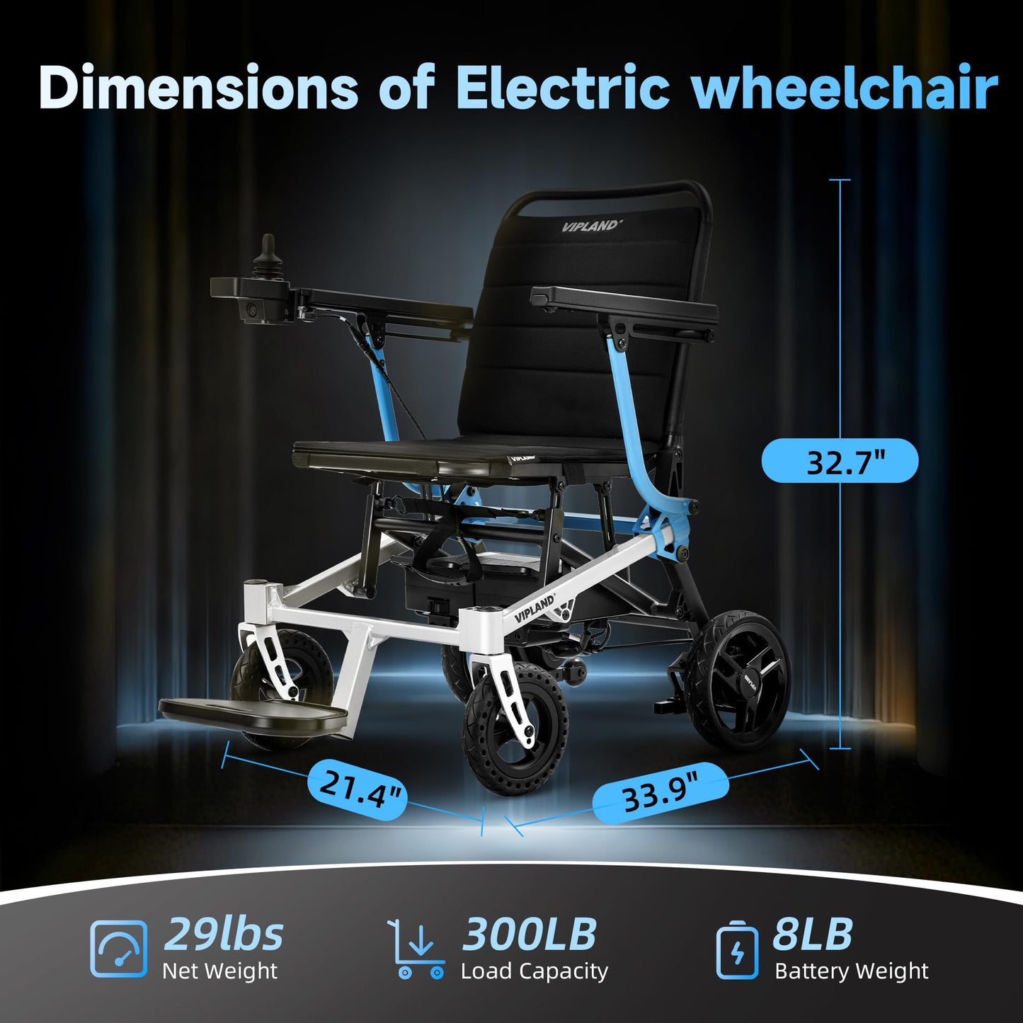VIPLAND Lightweight Magnesium Alloy Electric Wheelchair for Adults, 29lb Compact Foldable Power Wheelchair Oven-Sized, 25Miles Long Travel Range, 300lbs Capacity, Airline Approved, All Terrain, Blue