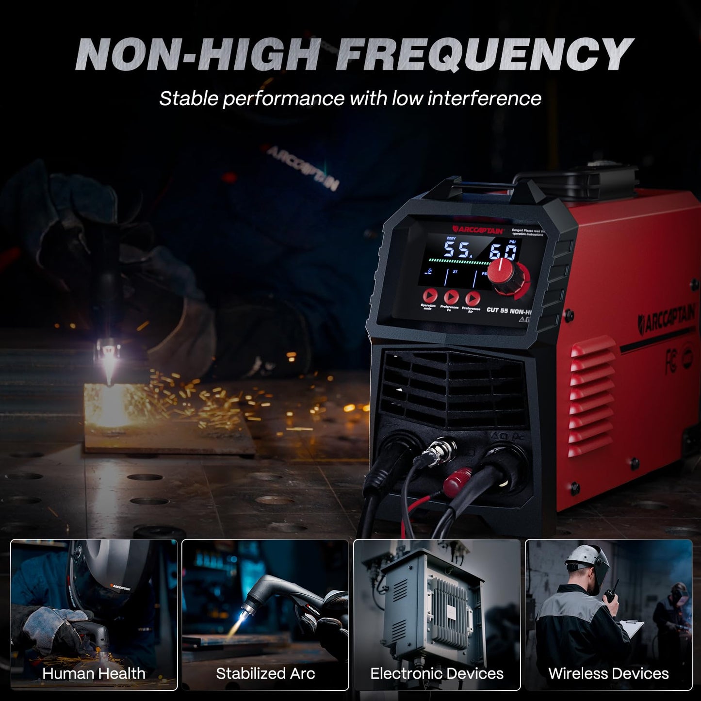 ARCCAPTAIN 55Amp Plasma Cutter, Blowback Non-HF Pilot Arc Plasma Cutting Machine + Large View 3.94" x 3.66" True Color Auto Darkening Welding Helmet with Light