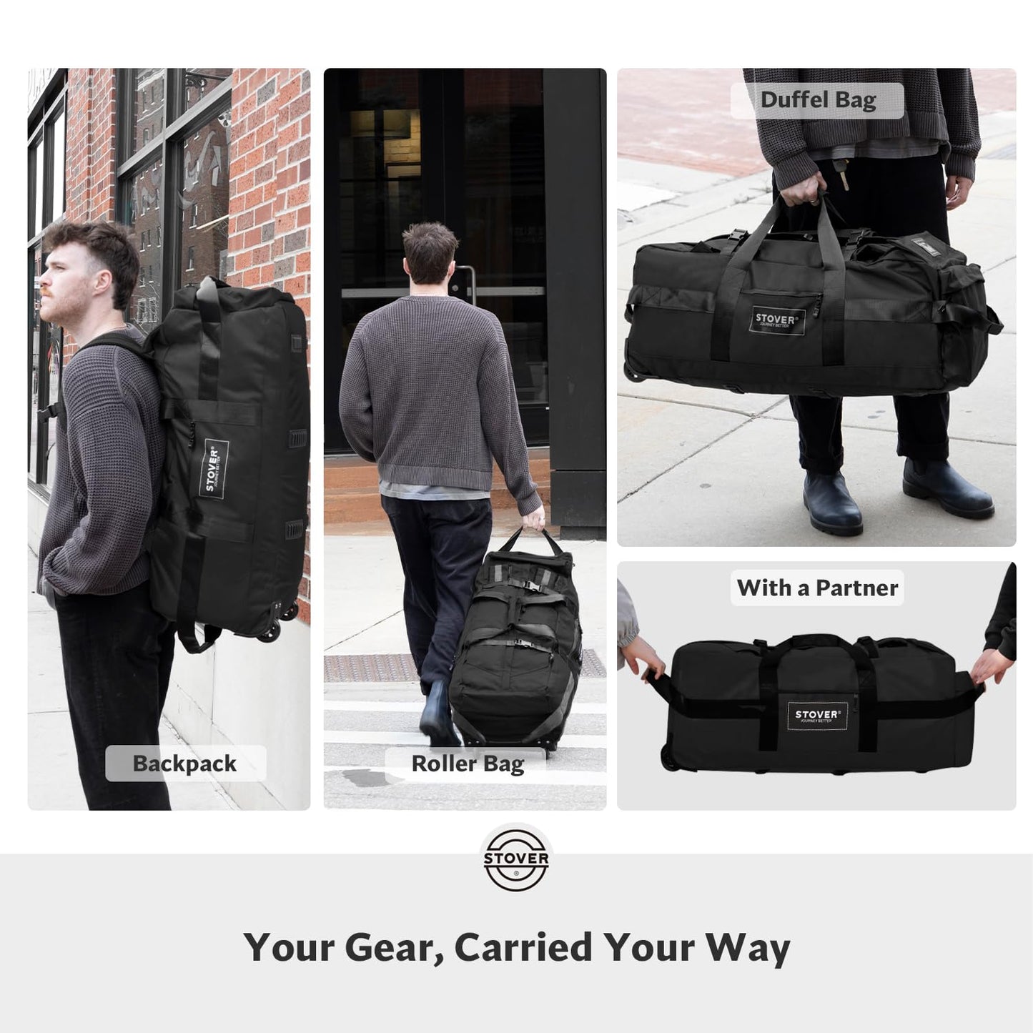 STOVER 45/80/100L Rolling Duffel Bag with Wheels, X-Large Durable Travel Duffle + Toiletry Bag, Heavy Duty, Packable with Shoulder Straps- Use as Luggage or Backpack, Men/Women (Black)