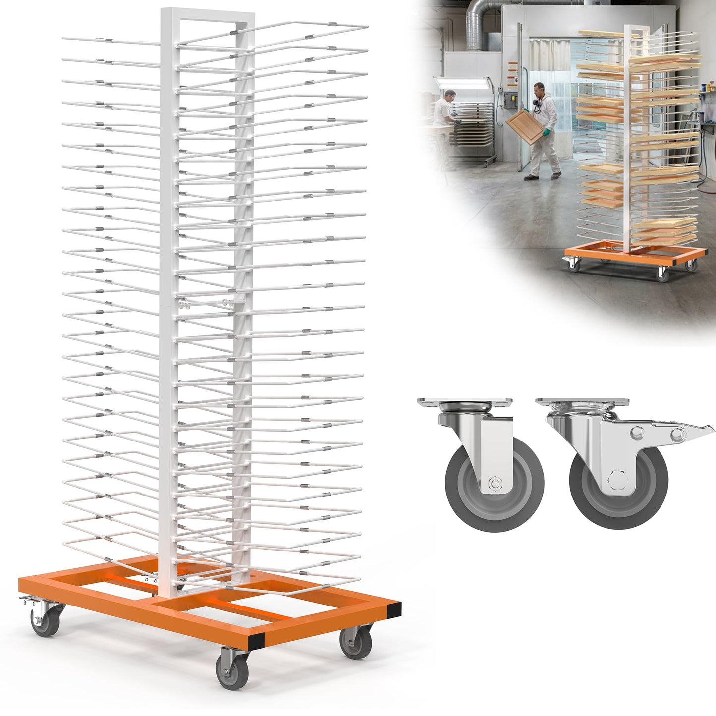 Vazcor Paint Drying Rack, 50-Shelf Heavy Duty Steel Cabinet Door Painting Rack with Locking Casters, Stable No-Sag Drying Storage Rack for Cabinet Doors