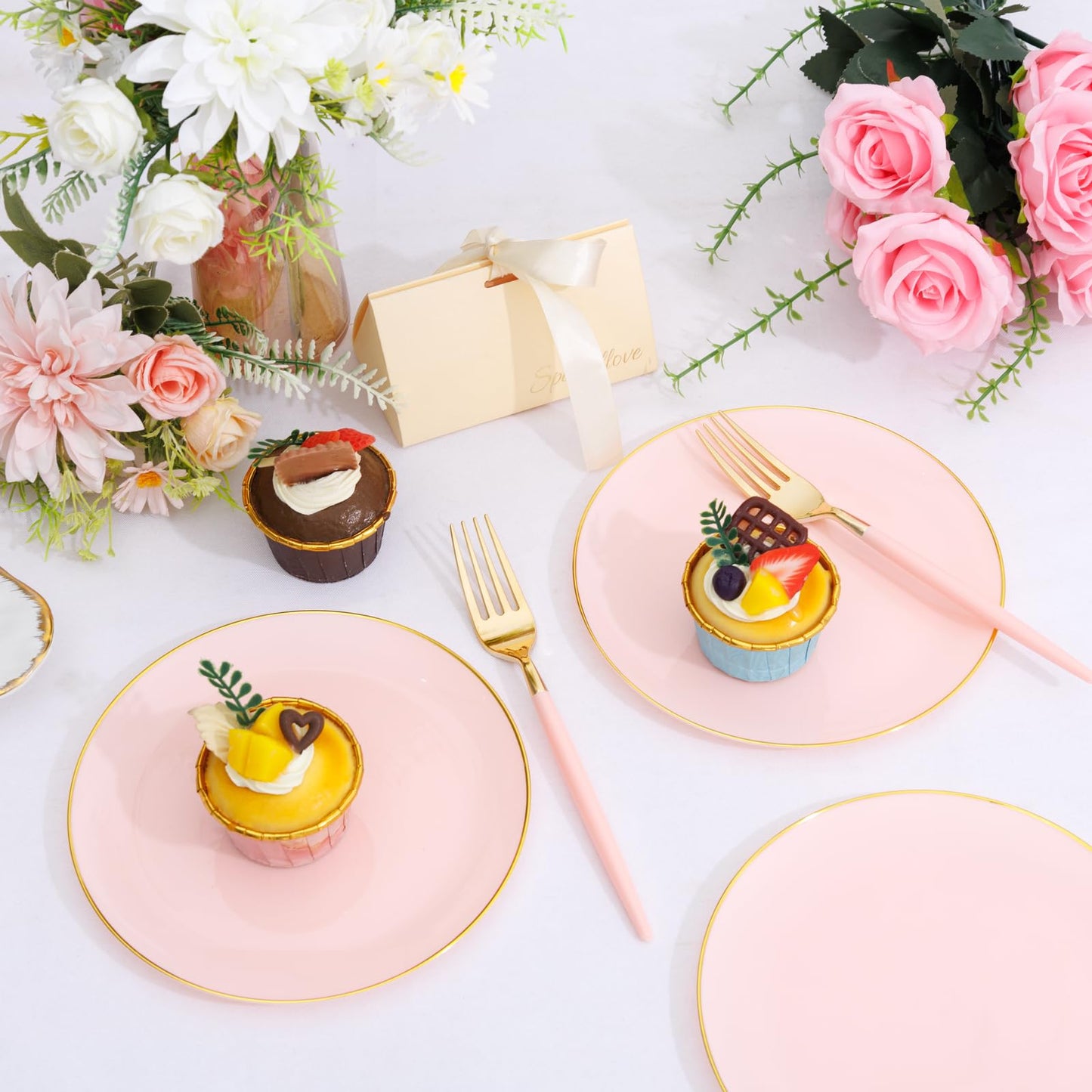 LIYH 96 Pcs Pink Gold Disposable Dessert Plates & Forks Set - 7.5 Inch Salad Cake Appetizer Plastic Plates for Parties, Birthdays, Baby Showers 48 Guests