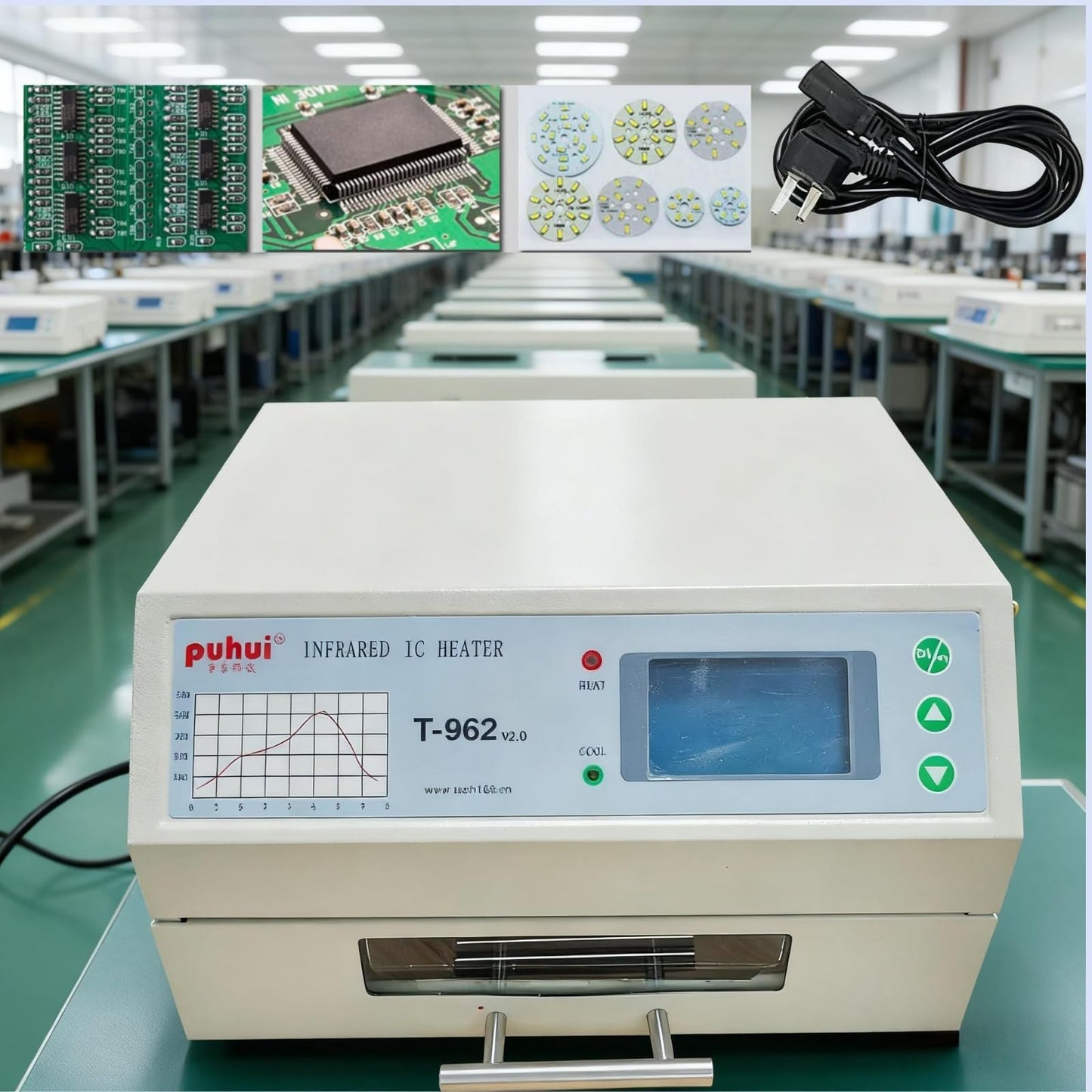 T962 110V 800W Mini Automatic Infrared Reflow Oven - Intelligent IC Heater and Reflow Soldering Station, 7.08×9.25 Inch Soldering Area, Compatible with CHIP/SOP/BGA/PCB Chips/Aluminum Substrates