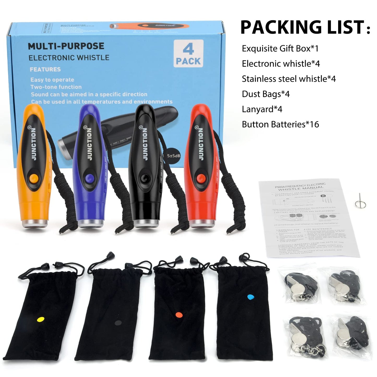 Xflyee [4 Pack Box] Electronic Whistles, Loudest Electric Whistles 3 Tones High Volume Whistle Hand Held for Coaches Referees Training Whistle Bulk, Outdoor Hiking Emergency Rescue Whistle Gifts