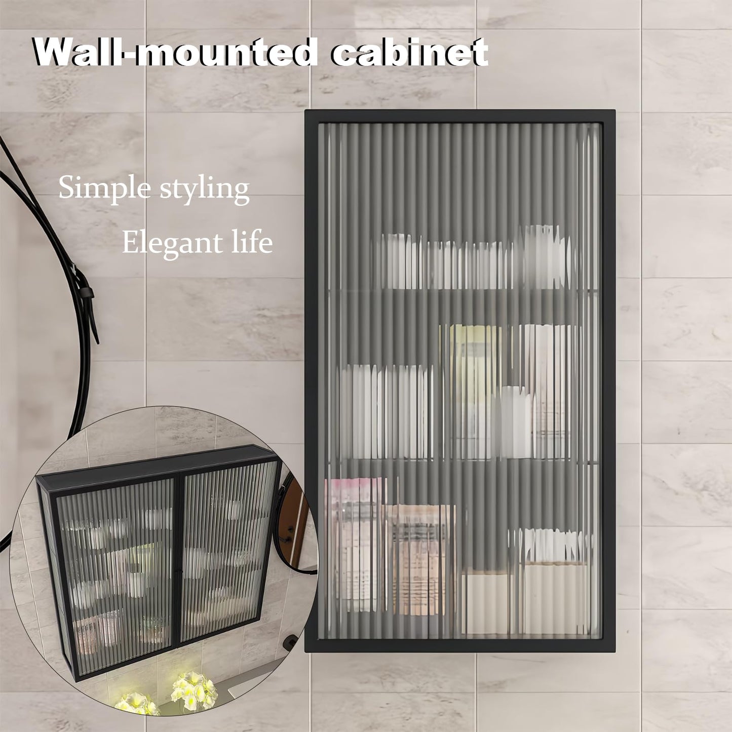 Kferfft Bathroom Wall Cabinet 20 Inch Over The Toilet Metal Storage Cabinet with Glass Door, Wall Mounted Medicine Cabinet for Bathroom Laundry Room Bedroom (Black, 23.6x19.7x6IN)