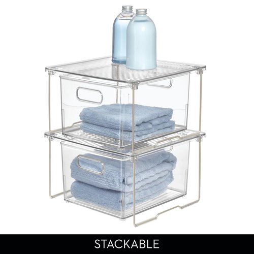InterDesign iDesign Stackable Organizer-Cabinet Riser for Bathroom Storage-Set of 2-Clear/Satin Stacking Shelf-Small M2
