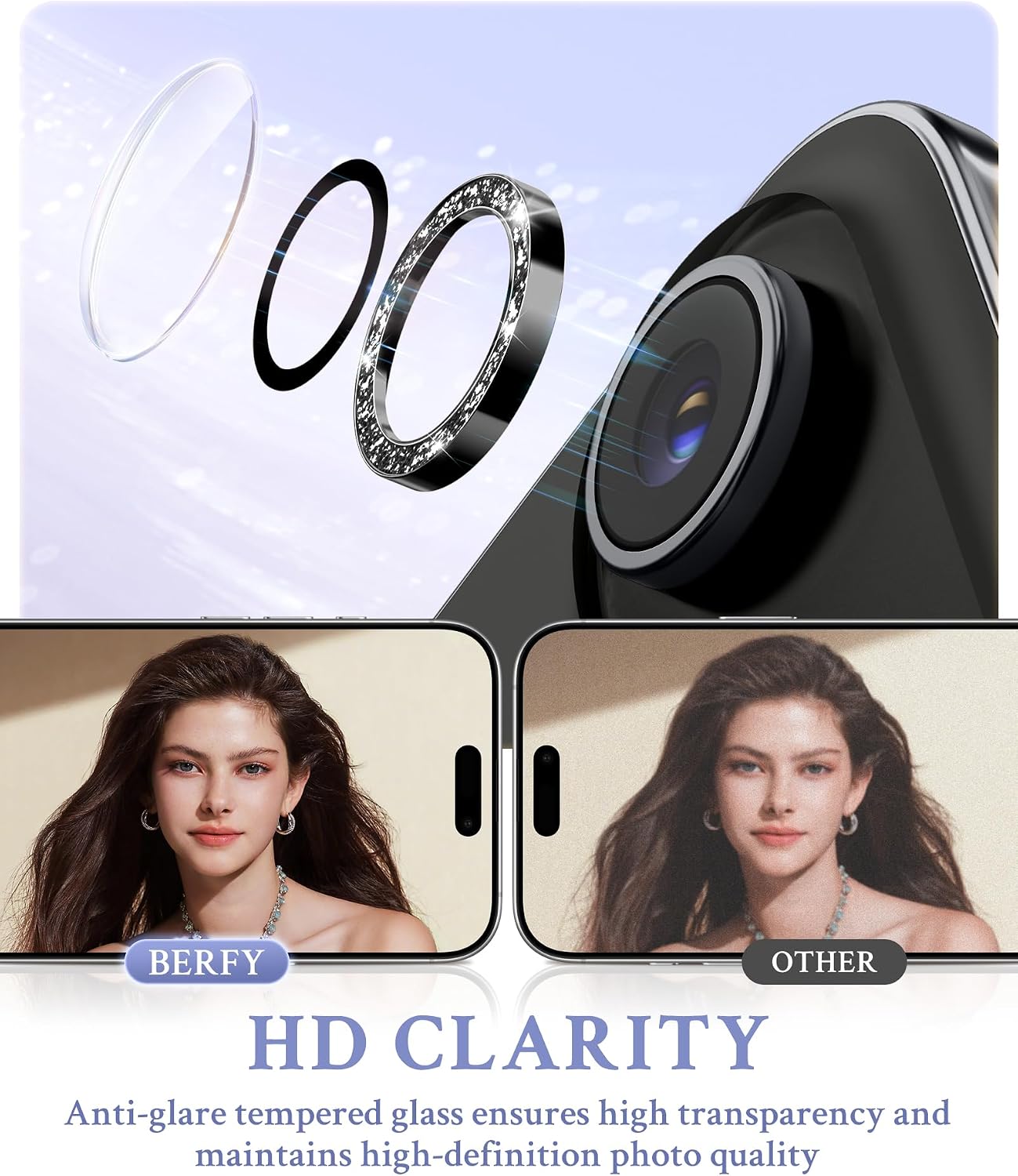 9H BERFY Camera Lens Protector for iPhone Air, Glitter Bling Aluminum Alloy Metal Ring, Tempered Glass Camera Cover