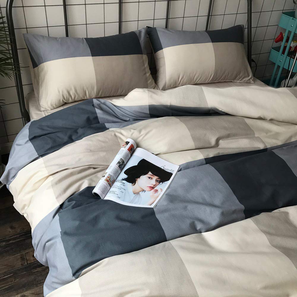 MKXI Plaid Comforter Set Queen Size, Geometric Checkered 3 Pieces Bedding Set Men Boys, Modern Style Comforter with 2 Pillow Shams All Season Soft Fluffy Bedding Set-(Tan,Dark Blue Grey,Khaki)