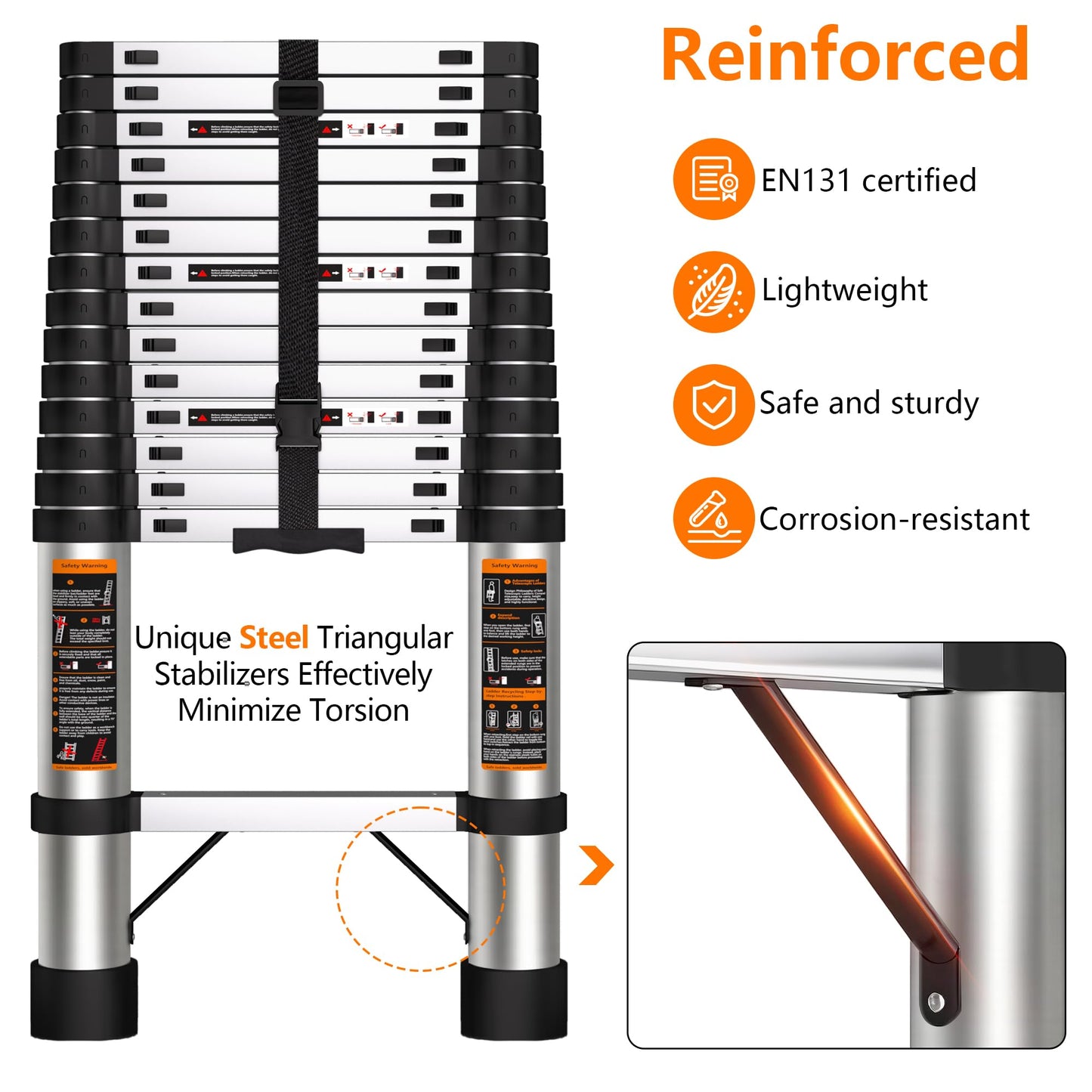 Telescoping Ladder 14.5 FT Stainless Steel Extension Ladder with 2 Detachable Hooks, Portable Multi-Purpose Collapsible Telescope Ladder for Home,RV,Outdoor Work,330lbs Max Capacity
