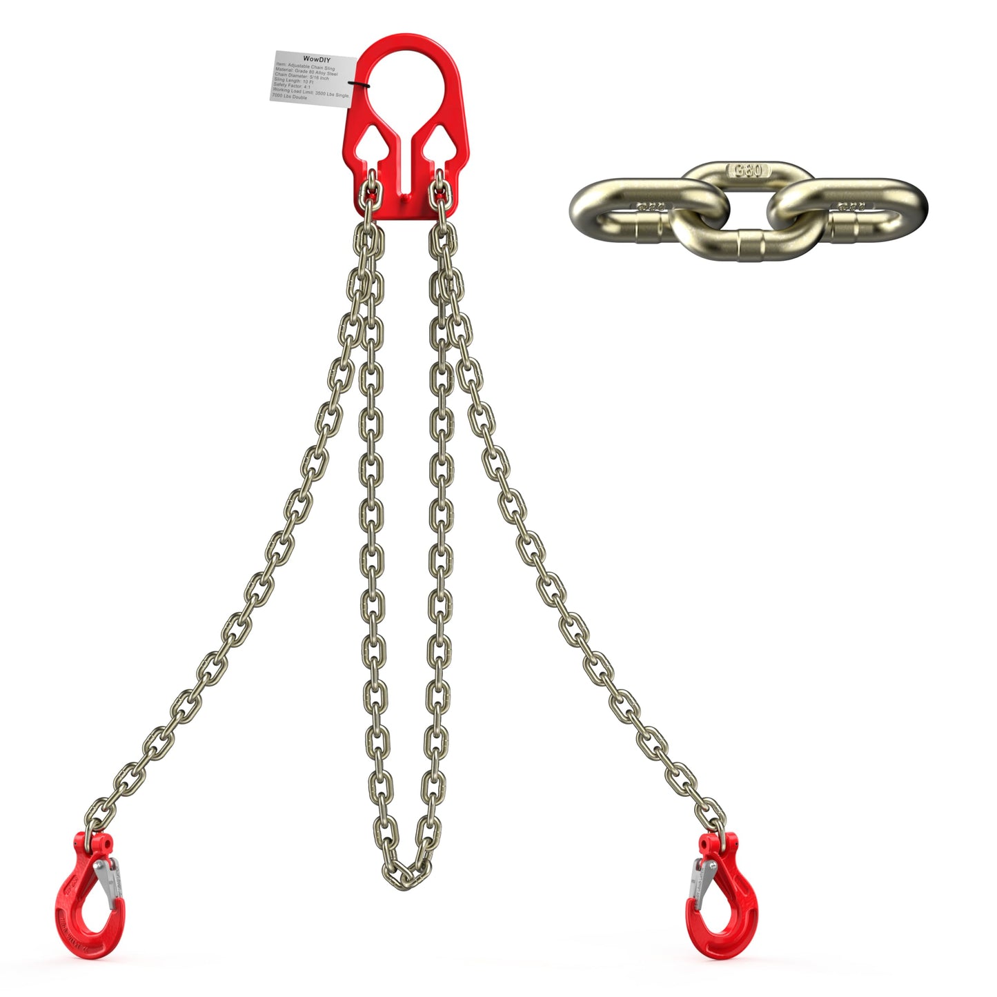 WowDIY Lifting Chains with Adjuster Hooks, 5/16 Inch x 10 Ft, 7000lbs / 3.18 Tons, Heavy Duty Industrial Chain Slings for Engine Hoist with 2 Legs Grab Hook