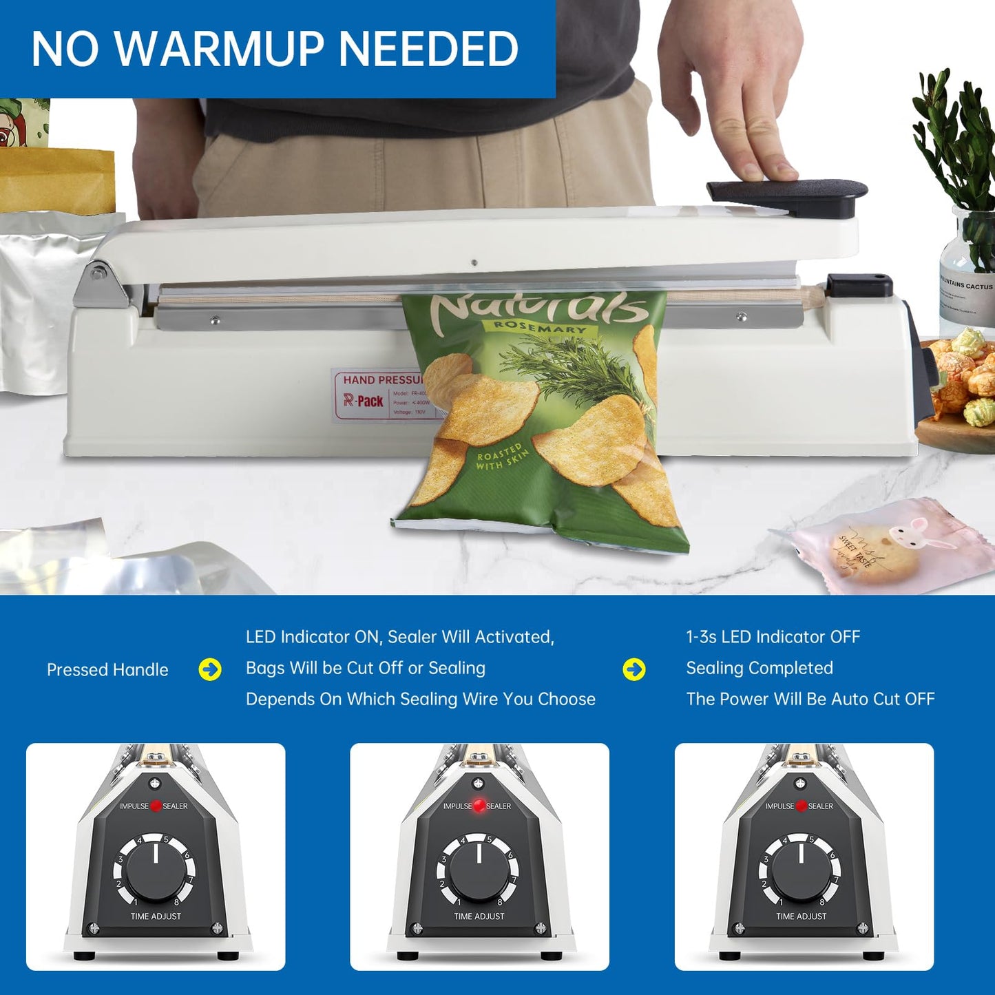 R-PACK Impulse Heat Sealer with Seal bar, Heavy-Duty Bag Sealing & Cutting Machine, 2 Extra Replacements (white, 16inch)