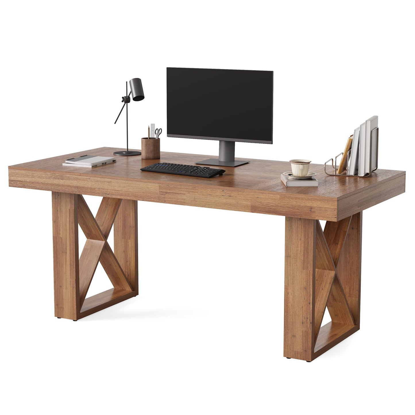 LITTLE TREE 63-Inch Computer Desk, Simple Thick Appearance, Study Gaming Writing Workstation Executive Office Desk for Home, Study Room, Office, Rustic Brown