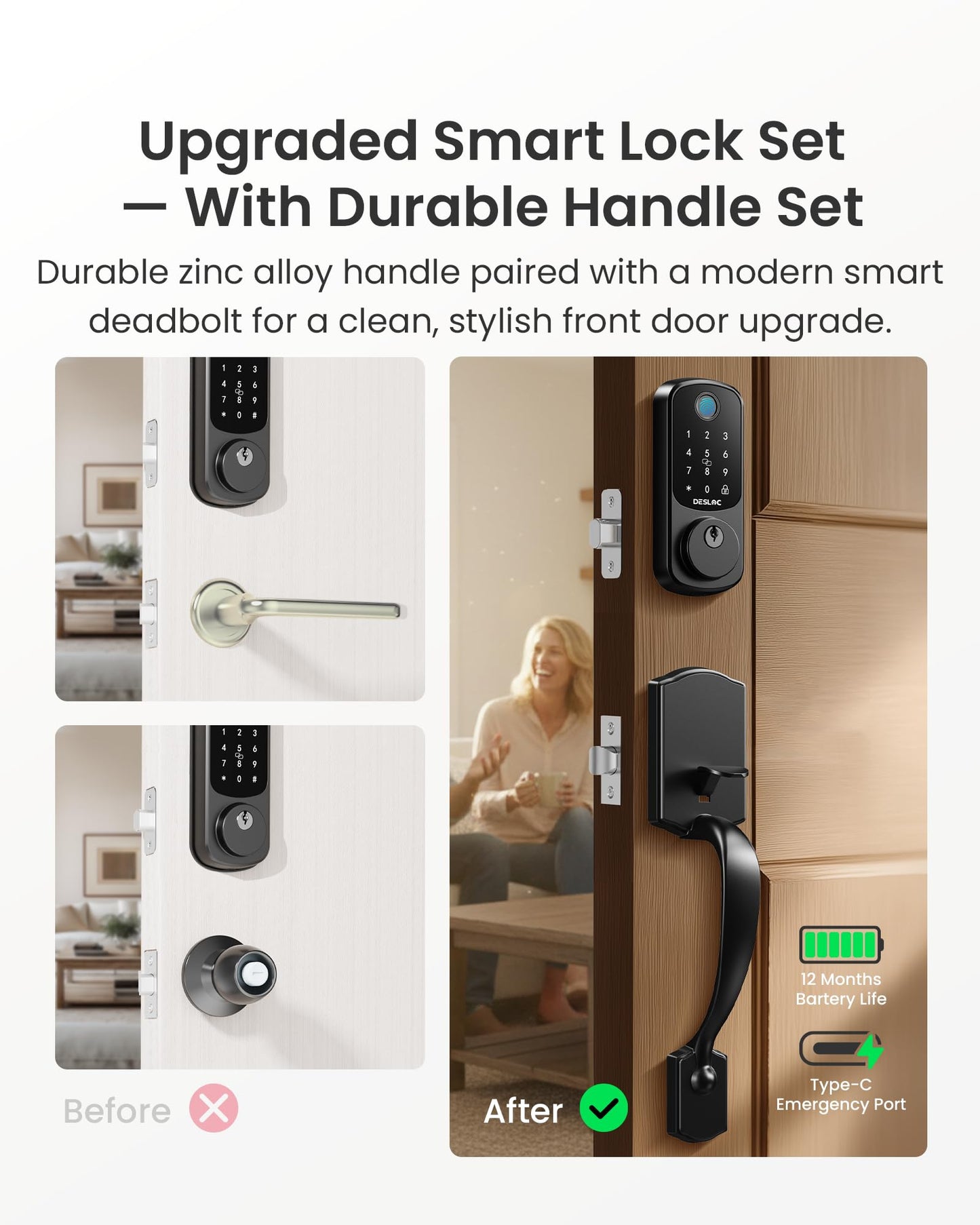 DESLOC B200 Keyless Entry Door Lock with Handle Set, Smart Locks for Front Door, Deadbolt Smart Lock, Front Door Locks Set, Electronic keypad Deadbolt with Handle, 12 Months Battery, IP54