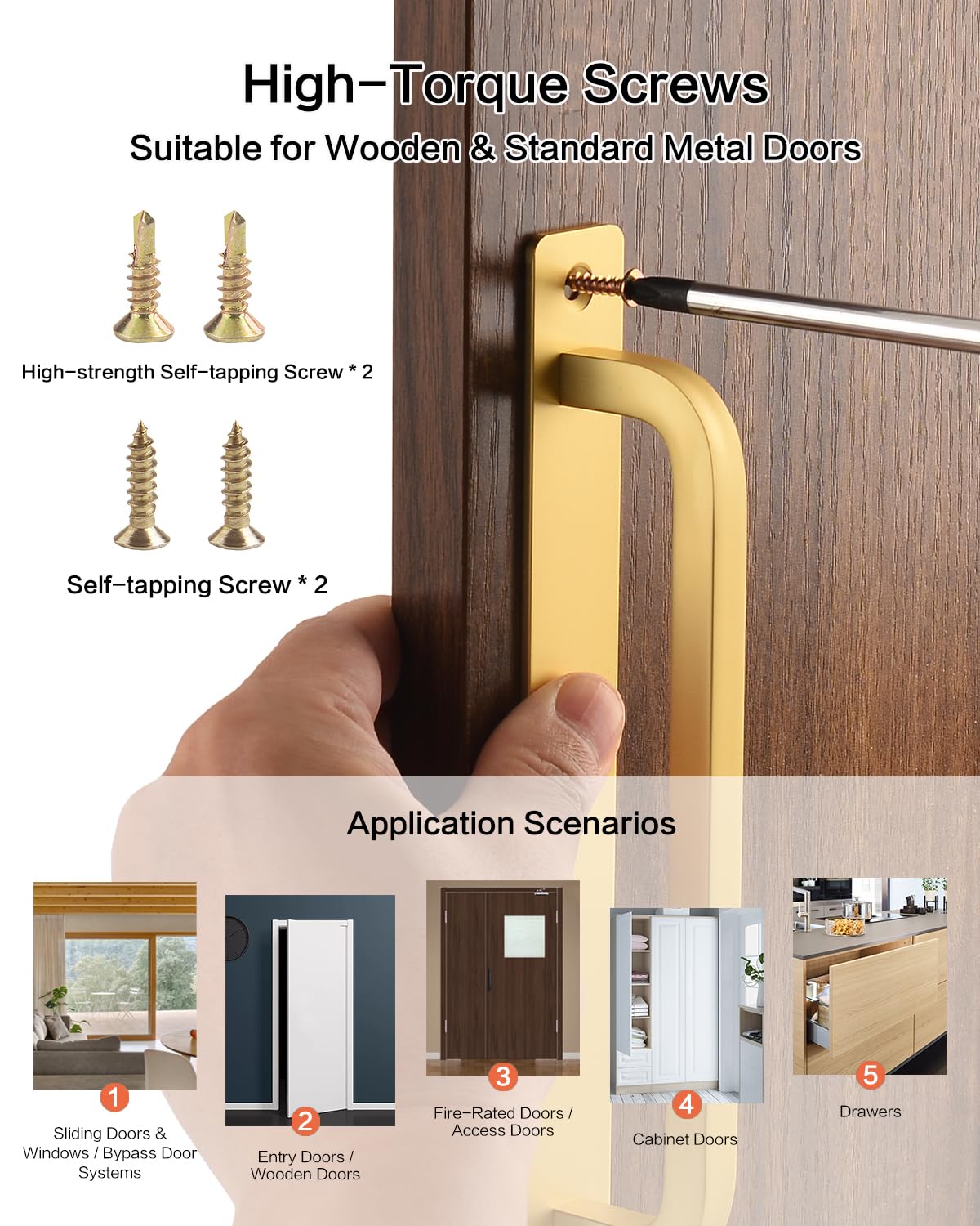 funifiti 5-Pack Golden Barn Door Handle Pull 6-Inch Cabinet Drawer Pulls Screen Door Handle Replacement Outdoor Gate Handle Self-Drilling with Backplate Aluminum