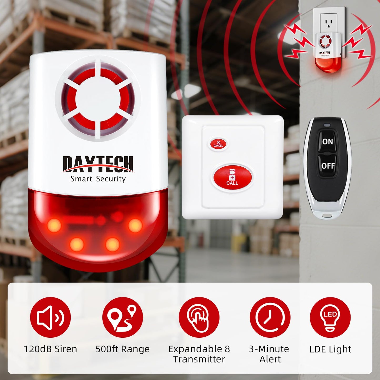 Daytech Strobe Siren Alarm Home Caring Loud Outdoor SOS Alert System 2 Red Flashing Siren 2 Remotes Panic Button 4 Emergency Button for Store Home Hotel Jewelry Shop Security Alarm