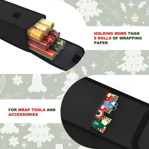 Demao Wrapping Paper Storage Bag - Gift Organizer for 9 Rolls | Black 2-Pack with Pocket for Crafts