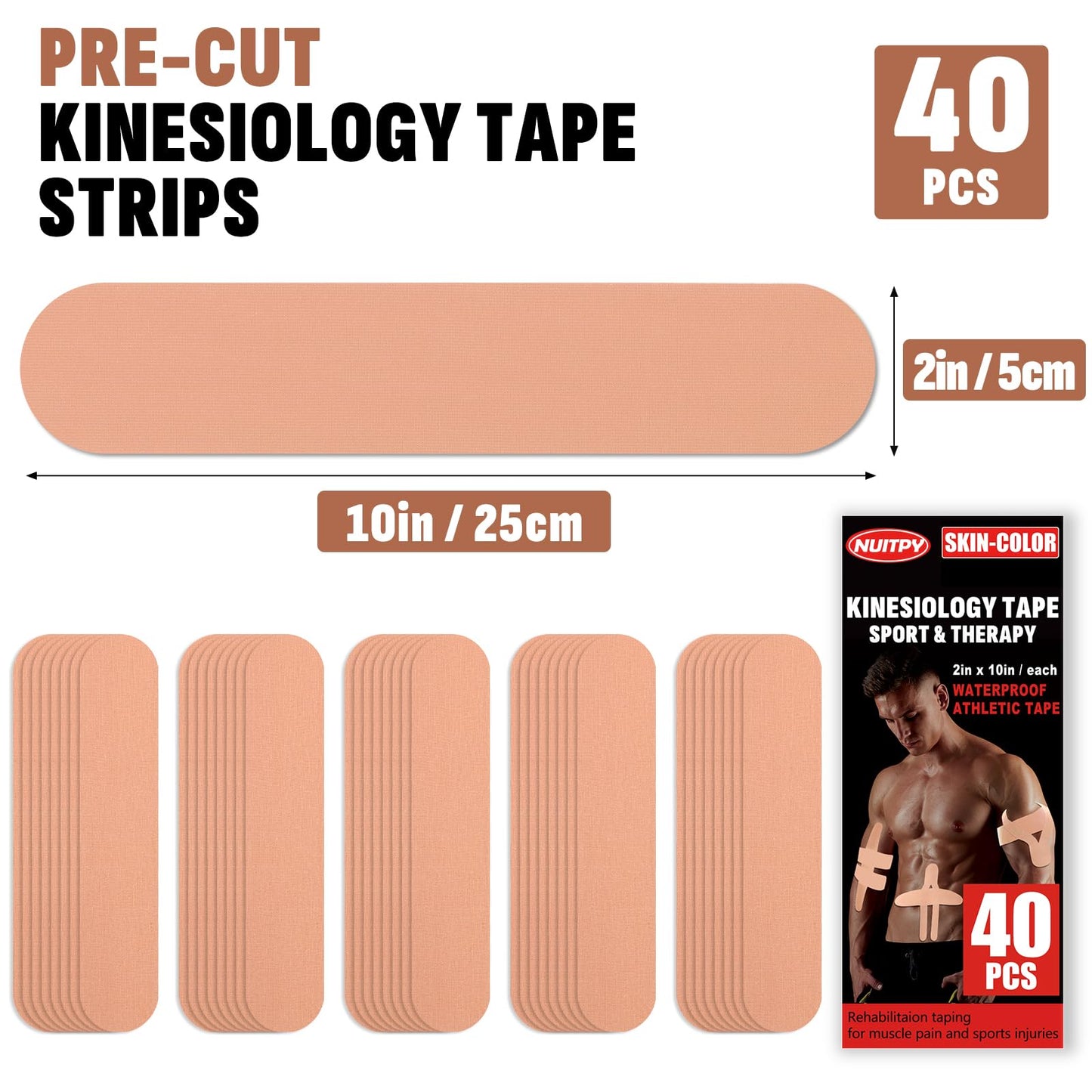 40PCS Precut Kinesiology Tape Strips, 2 inch x 10 inch Athletic Tape, Kinetic Tape, Elastic Muscle Tape, Sports Tape, Knee Tape for Exercise and Daily Use - Skin Color