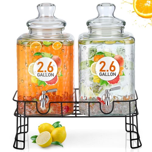 Honeydak 2.6 Gallon Glass Beverage Dispenser with Stand Stainless Steel Spigot Glass Lid Clear Iced Juice Container Leakproof Drink Dispenser Countertop Lemonade Water Jar for Wedding Party (2 Pack)