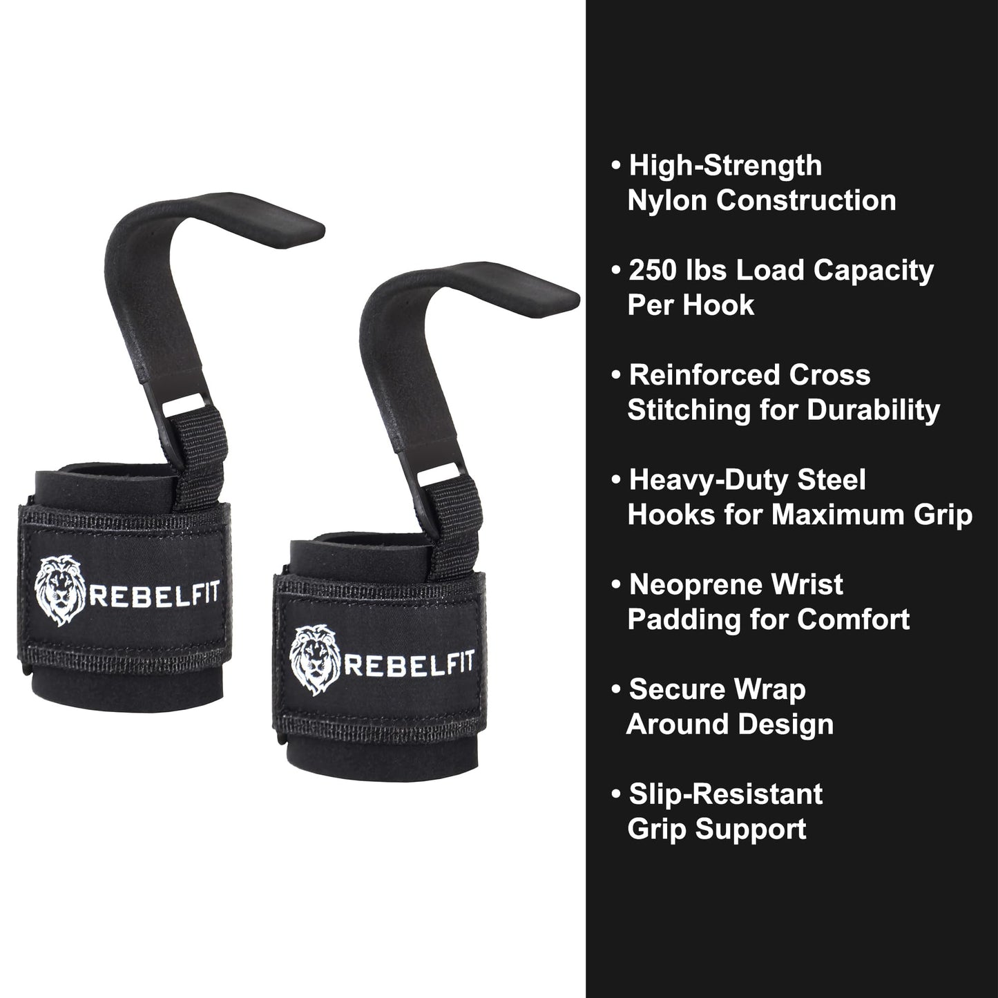 Heavy Duty Lifting Hooks (Pair) for Weightlifting – Wrist Support Straps with Metal Hooks, Padded Neoprene Gym Straps for Deadlifts, Pull Ups, Rows, Powerlifting – Non-Slip Grip Support for Men & Women