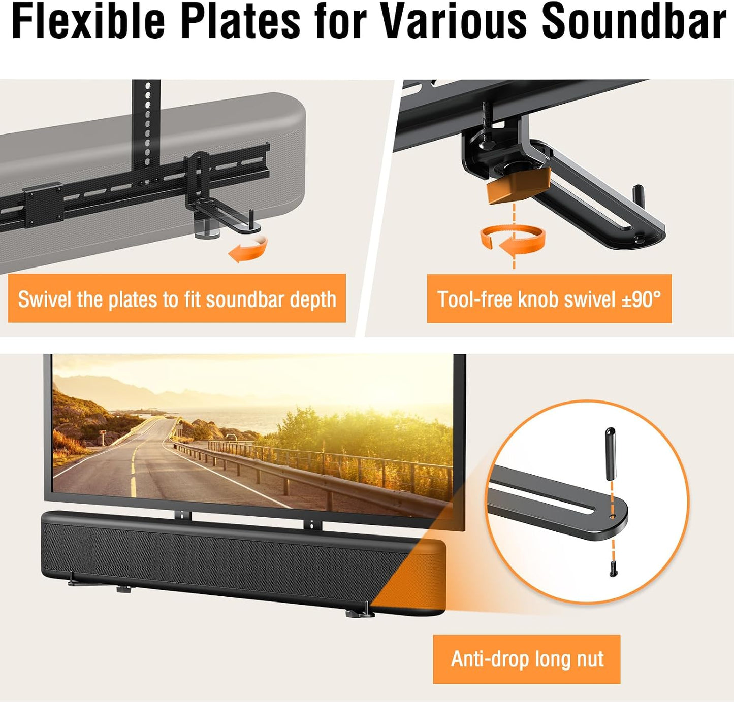 ELIVED 6.5" 17.7" 15 Lbs, YD5011 Soundbar Mount Under TV, Sound Bar TV Mounting Bracket with Holders Swivel to fit