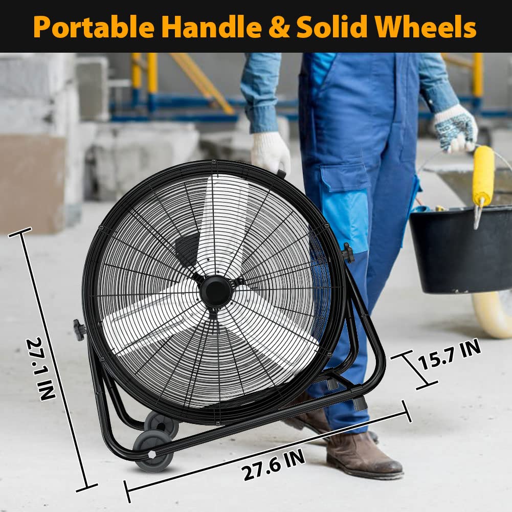 LifePlus 24 Inch Industrial Drum Fan, High Velocity Floor Fan, 3 Speed Heavy Duty Metal Air Circulator, 360° Tilt with Casters Handle ETL Standard for Patios, Warehouse, Commercial, 8900 CFM