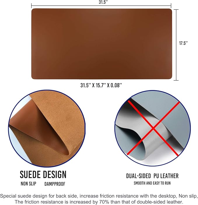 Aothia Leather Desk Pad Protector, Mouse Pad, Office Desk Mat, Non-Slip PU Leather Desk Blotter, Laptop Desk Pad, Waterproof Desk Writing Pad for Office and Home (Brown,31.5" x 15.7")