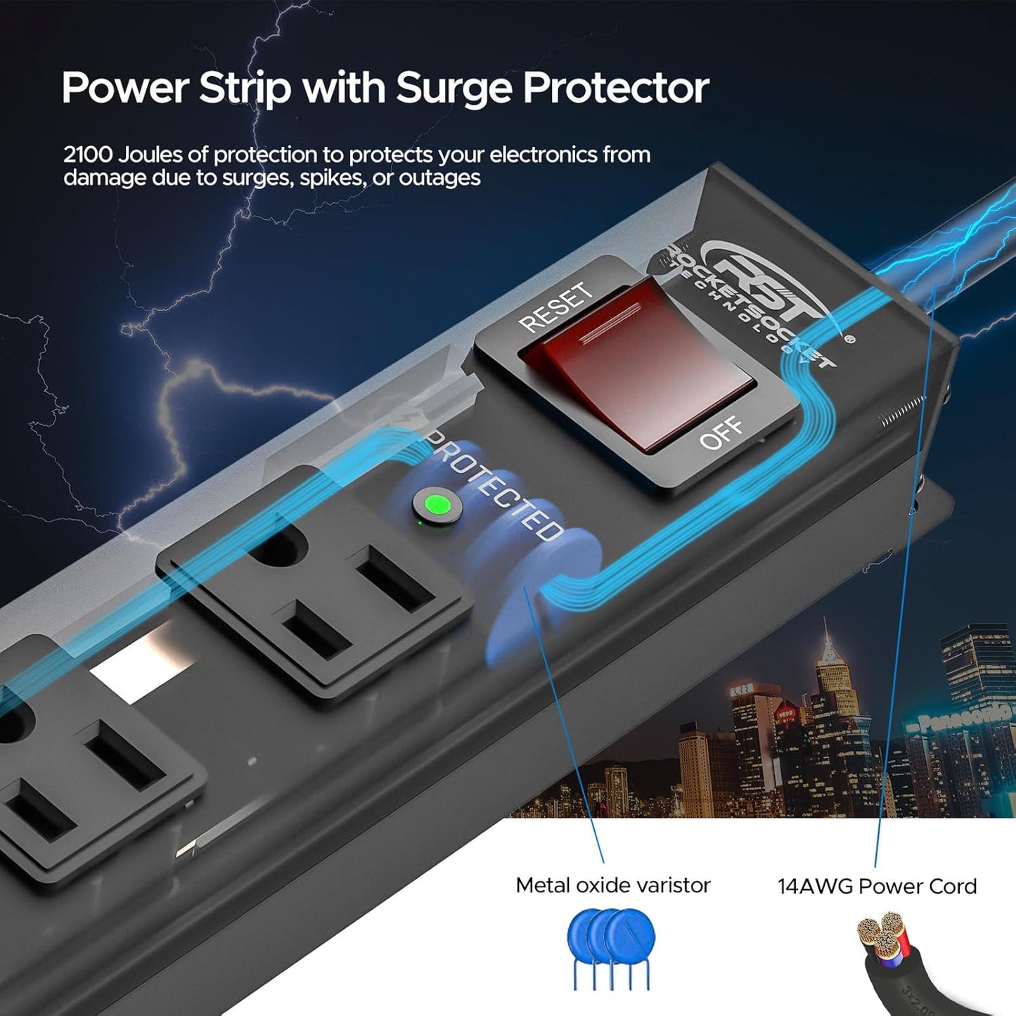 CRST 6 15A/1875W 2100Joules, 10 Outlet Heavy Duty Power Strip with Switch, Metal Mountable Power Strip Surge Protector