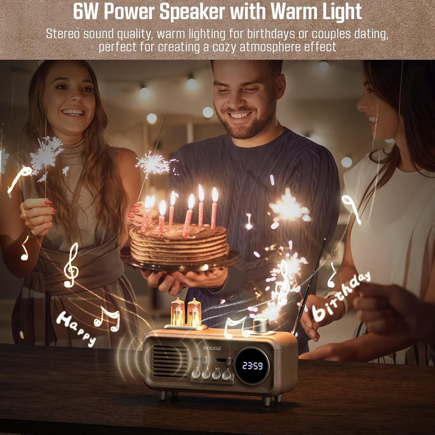 Bingxue Speaker,12/24H Retro Radios FM Portable Bluetooth Small Plug in Vintage Clock Radio with USB/AUX/TF Card