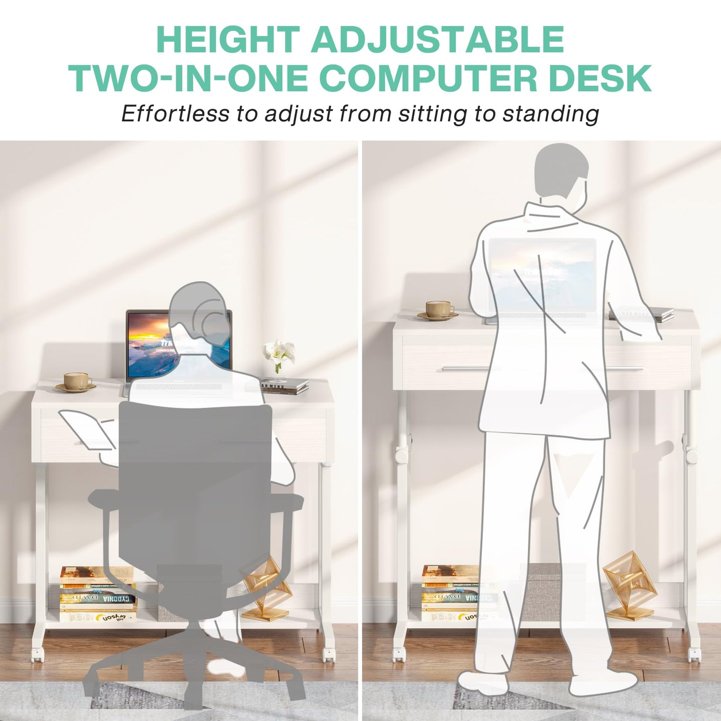 Tribesigns Portable Desk with Drawers, Mobile Laptop Desk with Wheels, Sofa Side Table Bed Desks, Small Standing Desk for Home Office (White)