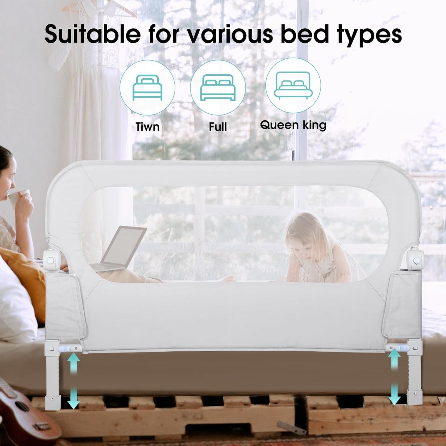 NUTIKAS Toddler Bed Rail Guard - 47" Extra Tall Safety Side Railing for Twin, Full, Queen Beds