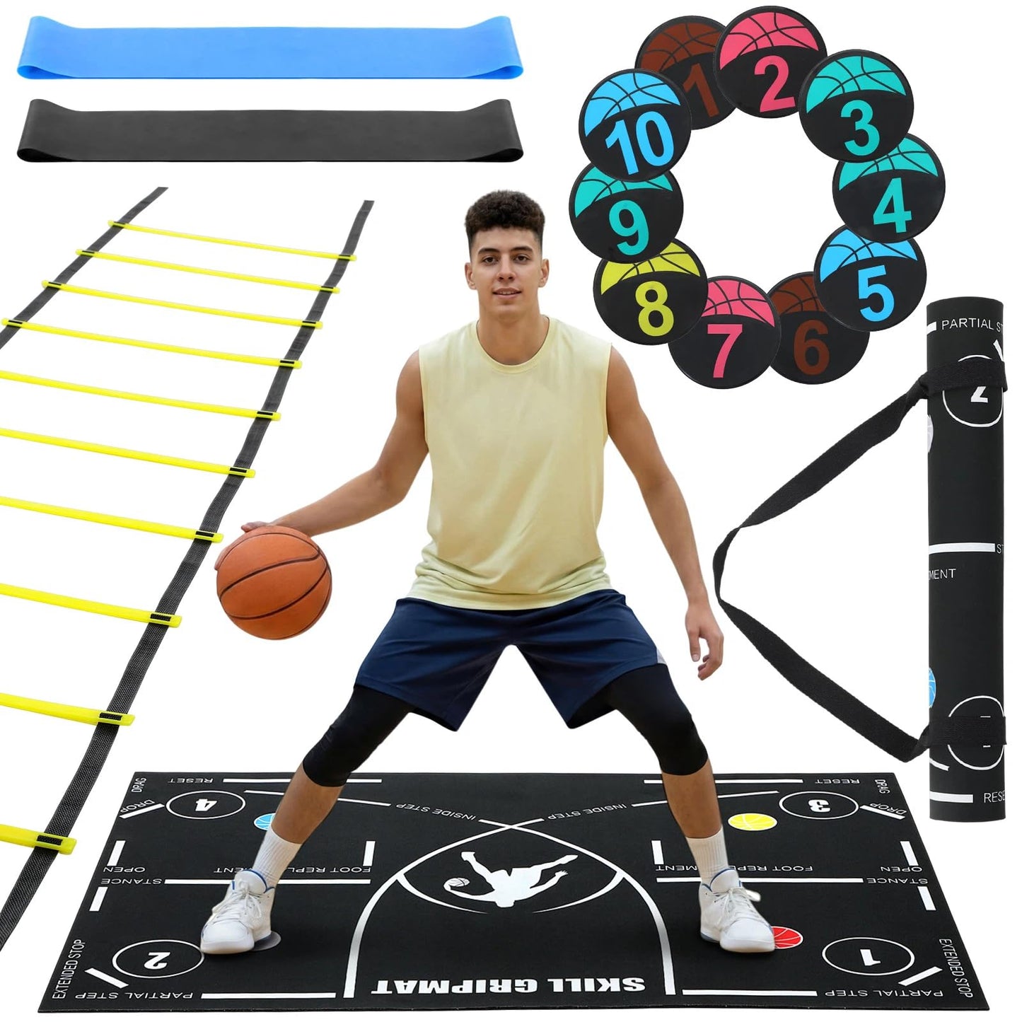 Silipull 15 Pcs Portable Basketball Training Equipment Footwork Training Mat Agility Drill Mat Non-slip Basketball Practice Aids for All Levels to Improve Speed, Strength Coordination(47 x 31 Inches)