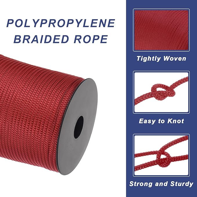 MECCANIXITY 5/32 Inch Polypropylene Rope Braided Ropes, 328ft Camping Rope Hollow Utility Cord for Clothesline, Hiking, Outdoor, Wine Red