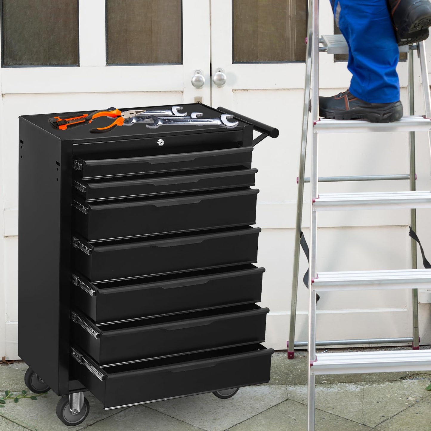 QSOSTNS 7-Drawer Rolling Tool Chest Cabinet, Large Capacity Metal Tool Box with Wheels and Keyed Locking, Roll Around Storage Organizer Tool Cart for Garage, Warehouse, Work Shop (Black)