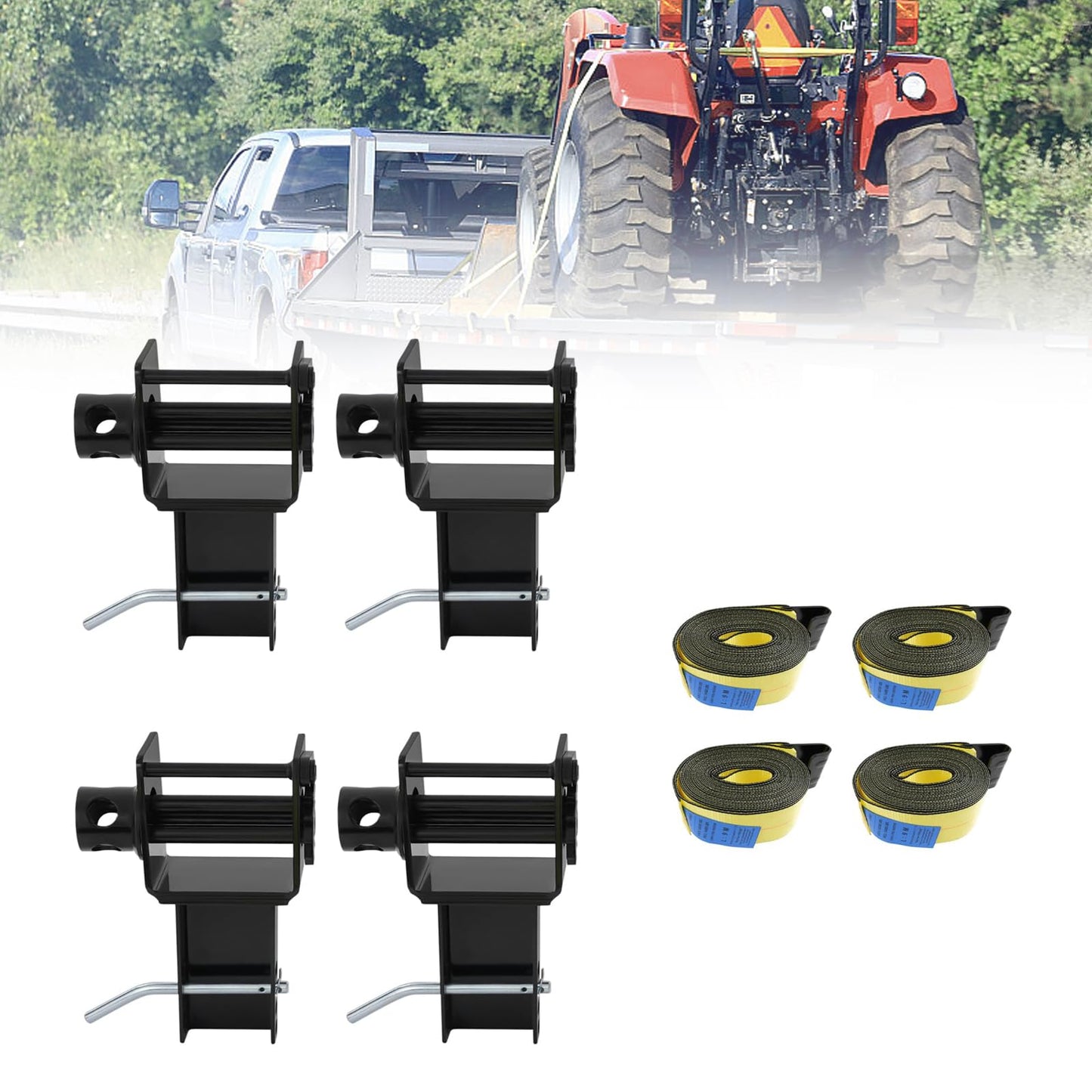 4 Pack Trailer Stake Pocket Winch & Winch Straps Kit, 4" x 30' Yellow Winch Strap with Flat Hook, Working Load Limit 5,400 LBS/Breaking Strength 16,200LBS for Flatbed Trailer, Black