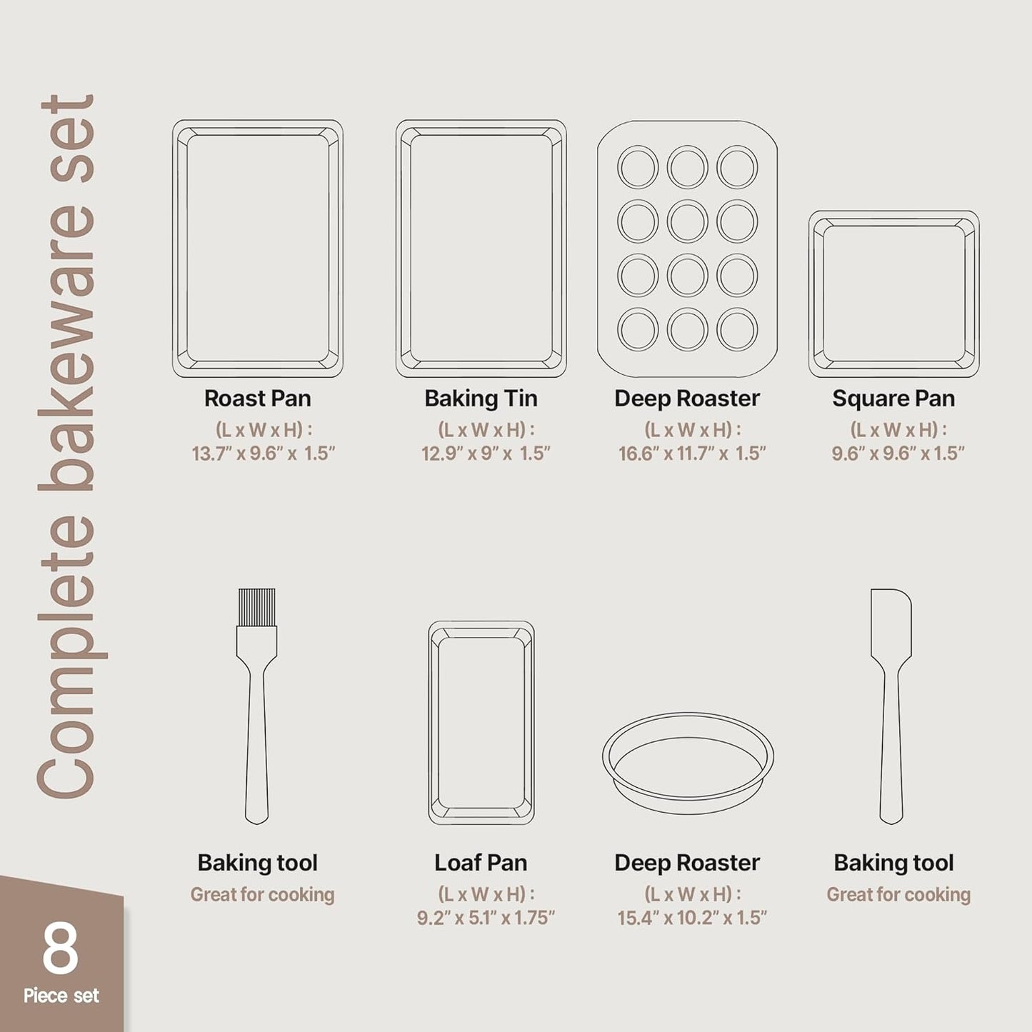 Regine Switzerland Bakeware Set - 8-Piece Non-Stick Professional Baking Pans - Gold Muffin & Loaf Pan