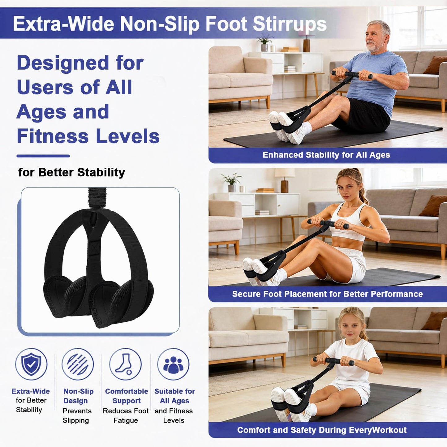 55 LBS Pedal Resistance Band with Handle-Non-Slip Fabric Foot Pedals Resistance Bands with Handles Home Workout Sit Up Exercise Equipment Thickened Latex Tubes Portable Home Workout Equipment (Black)