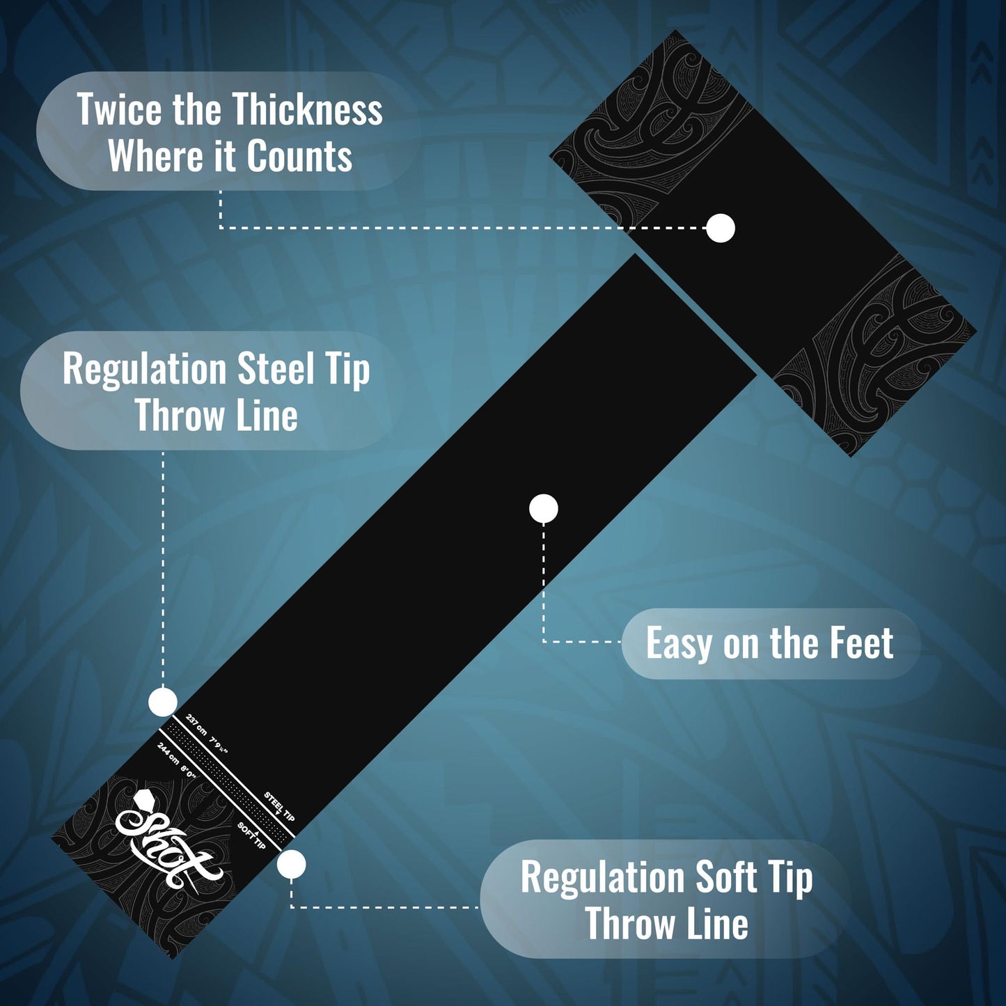 Shot! - T-Shape Rubber Darts Mat - Enhanced Floor Protection from Bounce-Outs - Heavy-Duty Rubber - Easy Set Up & Roll Up - Dart Board Floor Protector - Black