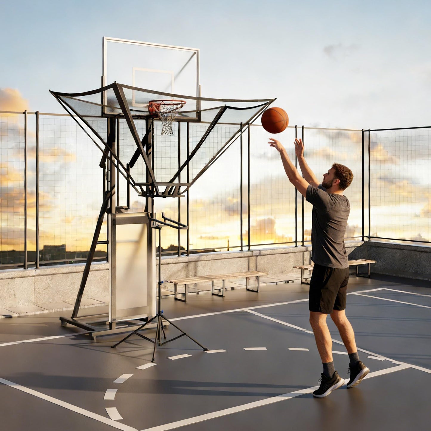 2026 Upgraded Basketball Rebounder, Adjustable Height Basketball Return Attachment with 180° Rotating Track, Basketball Shot Trainer Rebounder with Net Return System, Easy Assembly & Storage