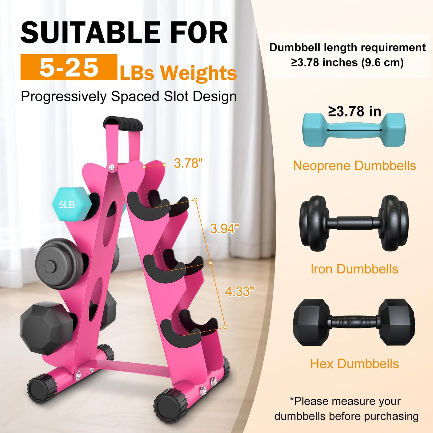 AmazeFan 5 Tier | 3-Tier Dumbbell Rack Stand Only, A-Frame Design Weight Rack with Handle, Weights Metal Strength Training Dumbbells Storage Rack for Home Gym Space Saver (Dumbells not Included) (Pink, 3 Tier)