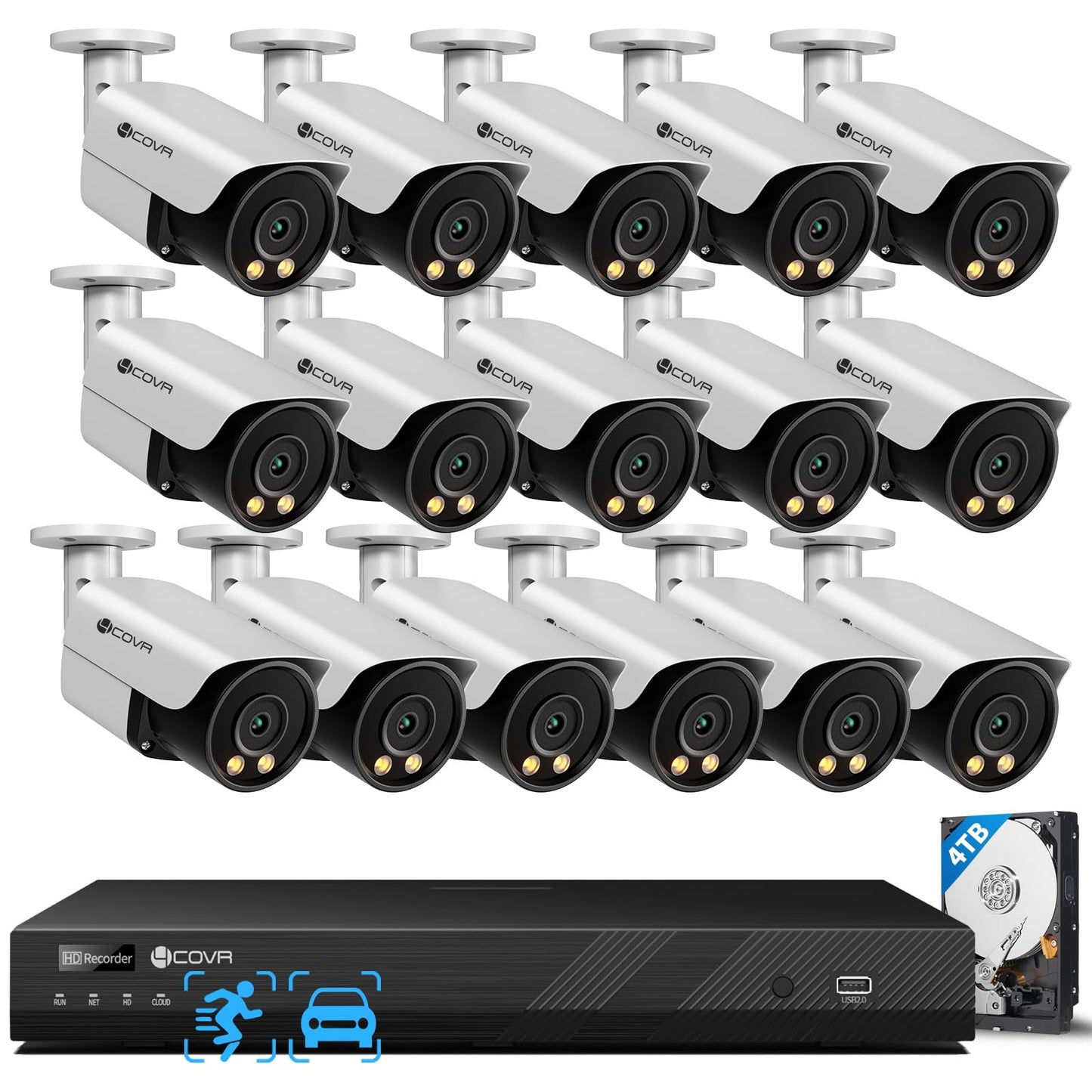 4COVR 12MP Security Camera System 16 Channel for Business PoE, 16Pcs 12MP Wired IP Bullet Cameras IP67, 2-Way Audio Talk, Person Vehicle Detection & Smart Color Night Vision, NVR 4TB HDD, LY37YXAM1616