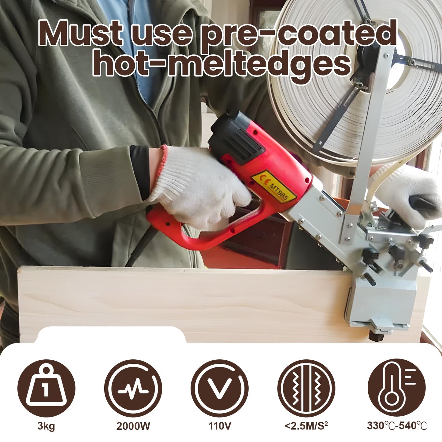 Professional Edge Banding Machine, 110V Portable Woodworking Tool, 2000W, Red, with Temperature Control, for Straight and Curved Edges