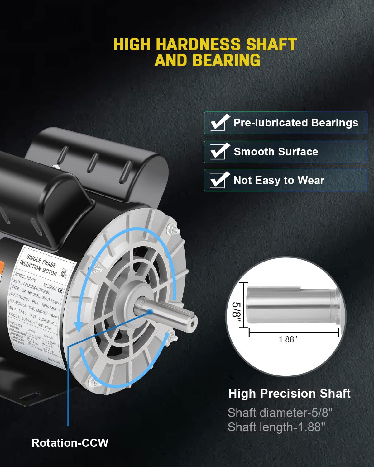 Air Compressor Motor,2 HP SPL 3450 RPM Electric Motor, 115/230V 15/7.5A Single Phase, 56 Frame 5/8" Keyed Shaft, Commercial-Duty CCW Rotation, 1.88" Shaft Length for Air Compressors