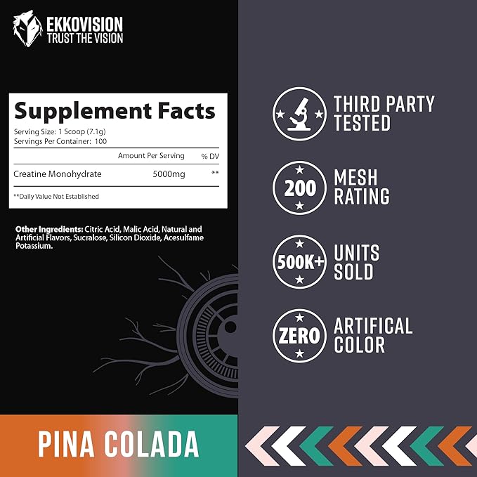 Ekkovision Creatine Monohydrate Powder, Micronized, Pina Colada, Pre Workout & Post Workout Supplement for Men & Women, Energy Support, Easy to Mix in Shakes, Smoothies & Beverages, 100 Servings