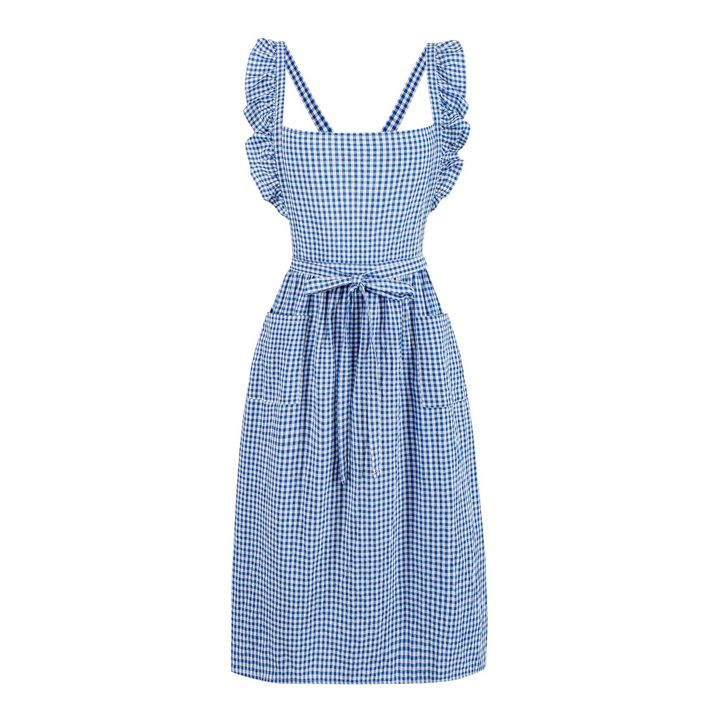 SeedBySea Vintage Gingham Apron for Women, Ruffle Straps, 2 Pockets, Cross Back, Soft Cotton, Apron Dress Style for Cooking & Baking