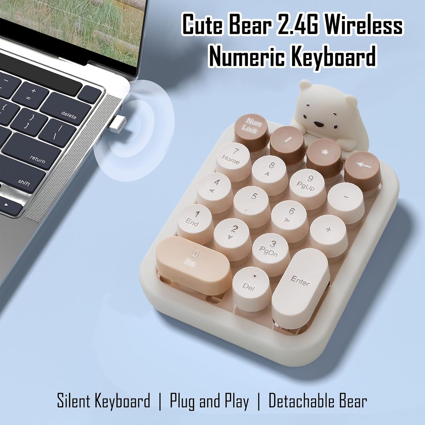 Lomiluskr 2.4G Accounting Cute Wireless Numeric Keypad with Silicone Bear, Colorful Round Keycaps, USB Wireless