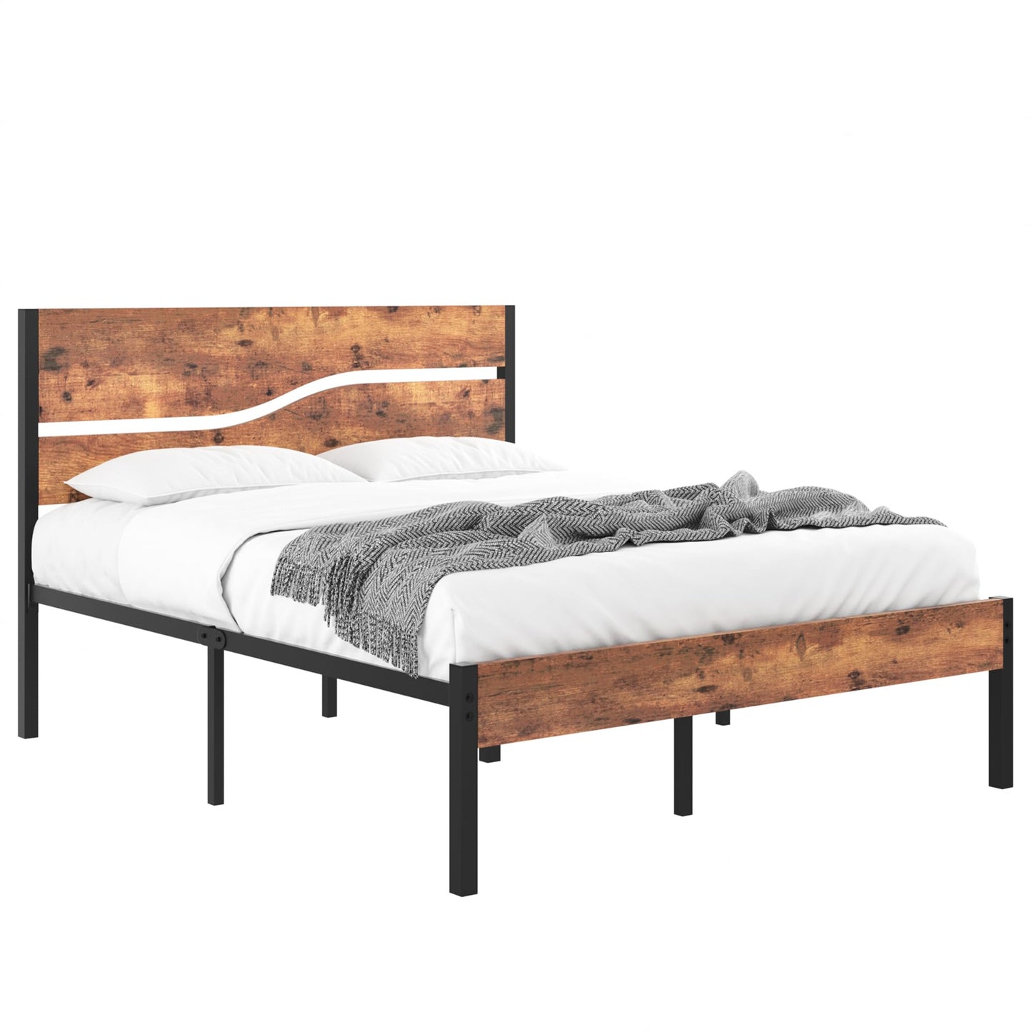 VECELO Queen Size Bed Frame with Wood Headboard, Heavy-Duty Metal Slats Support, Easy Assembly, No Box Spring Needed, Brown