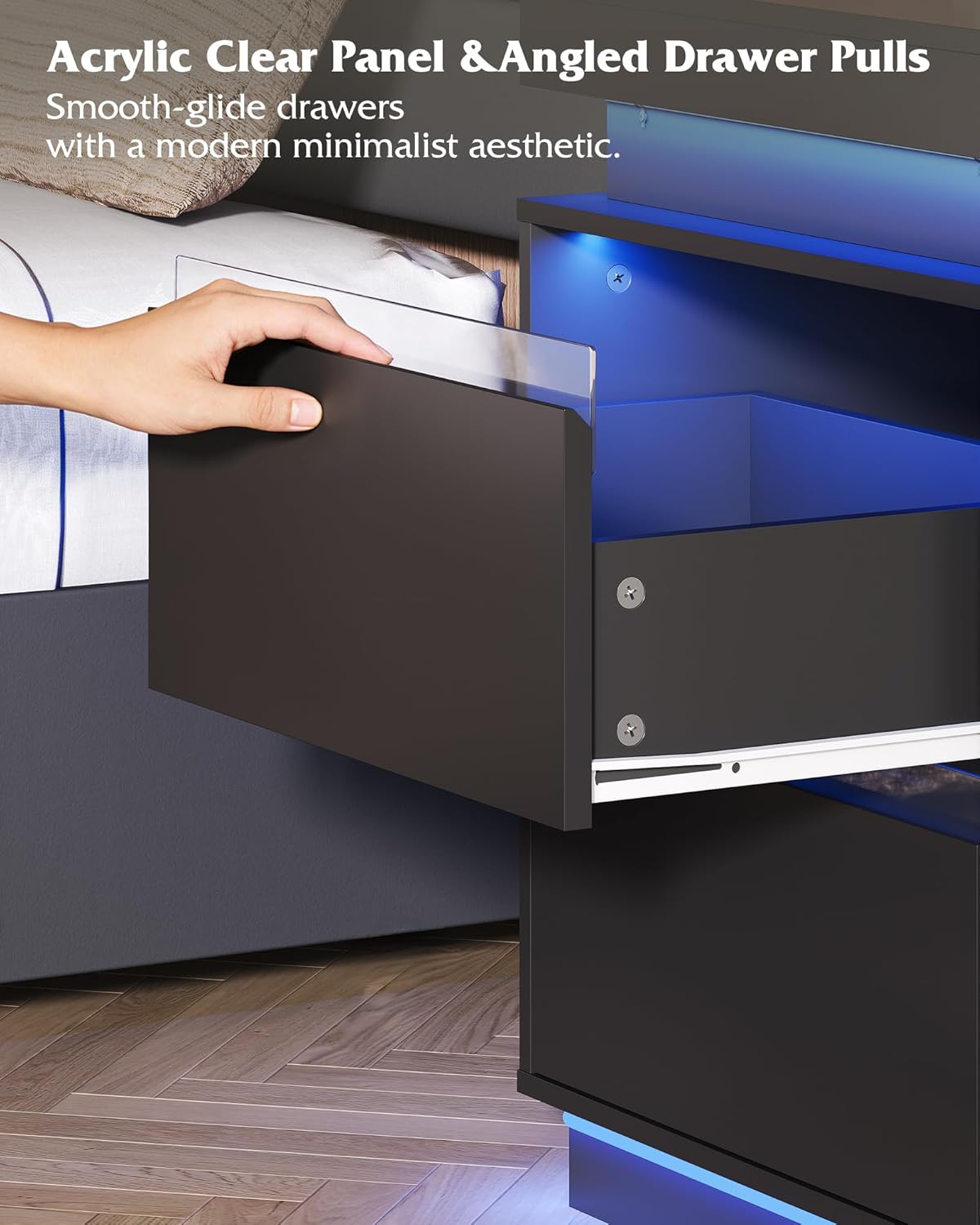 WLIVE Tall Black Nightstand - Modern Bedside Table with LED Lights & Charging Station | 2 Wooden Drawers