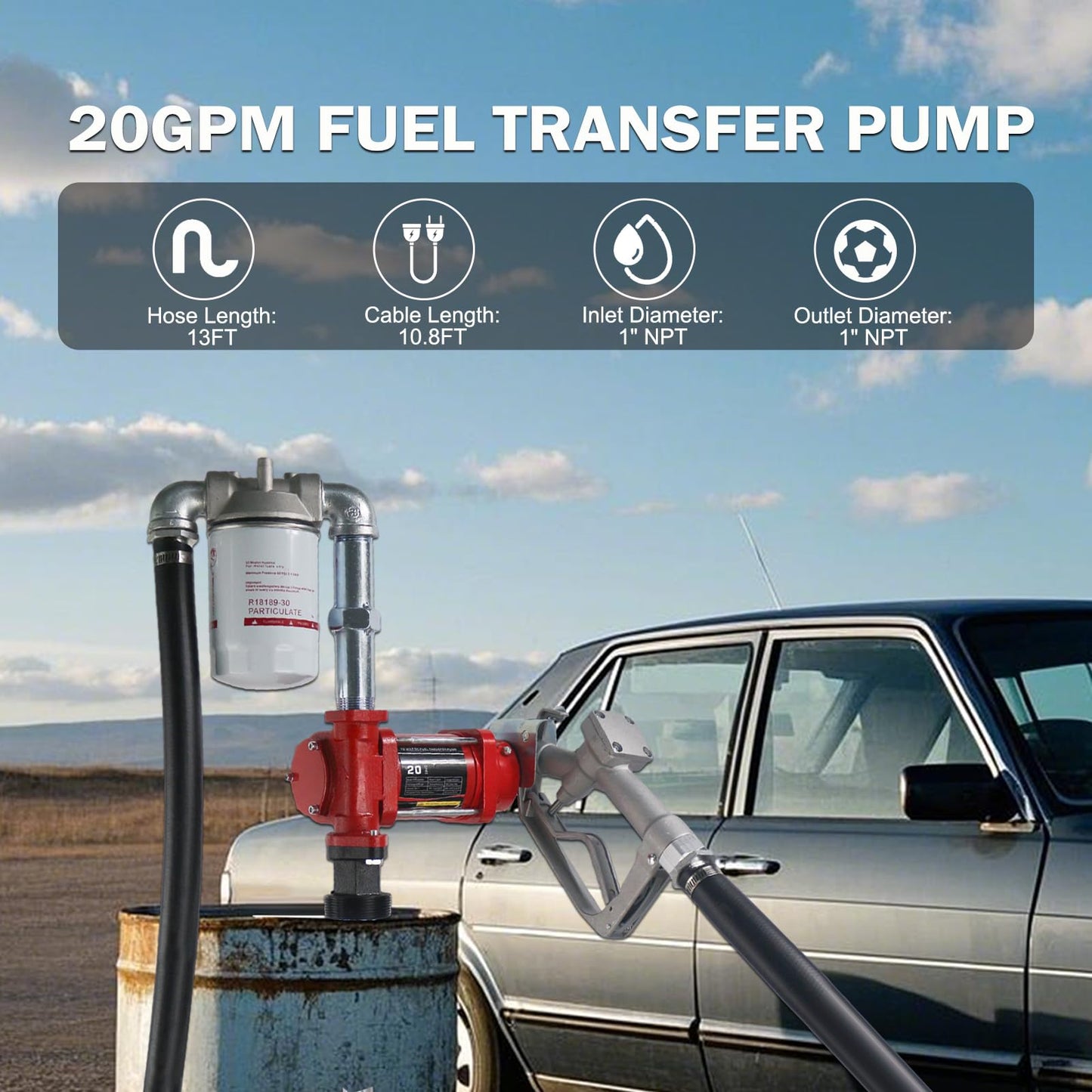 12V DC 20GPM Fuel Transfer Pump with Manual Nozzle & Hose Kit for Gasoline Diesel with Particulate Filter Red