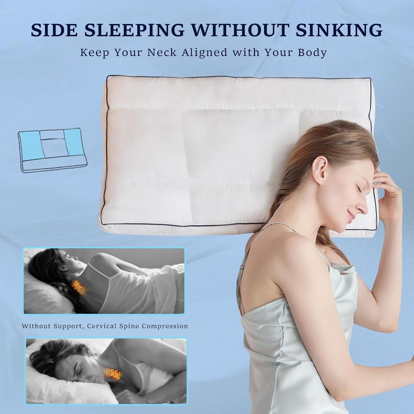 Skiennix Goose Down Pillow - Ergonomic Cervical Neck Pain Relief | Soft Cotton Cover, 16.5x26 Inch
