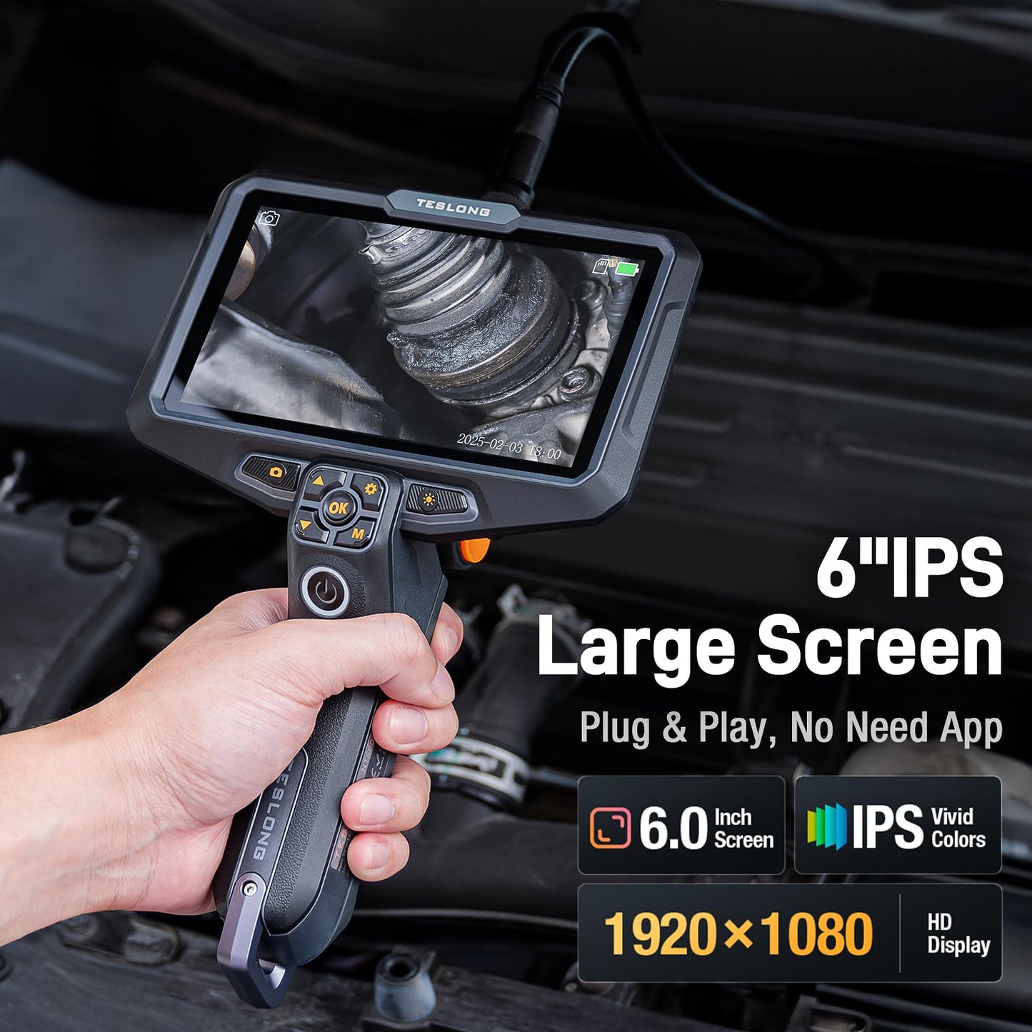 Teslong Ultra-Thin 3.9mm Industrial Endoscope with Lights, 6" IPS Screen Hnadle Borescope Automotive Mechanic Inspection Camera with 6000mAh Battery, 5FT Flexible Waterproof Gooseneck Probe
