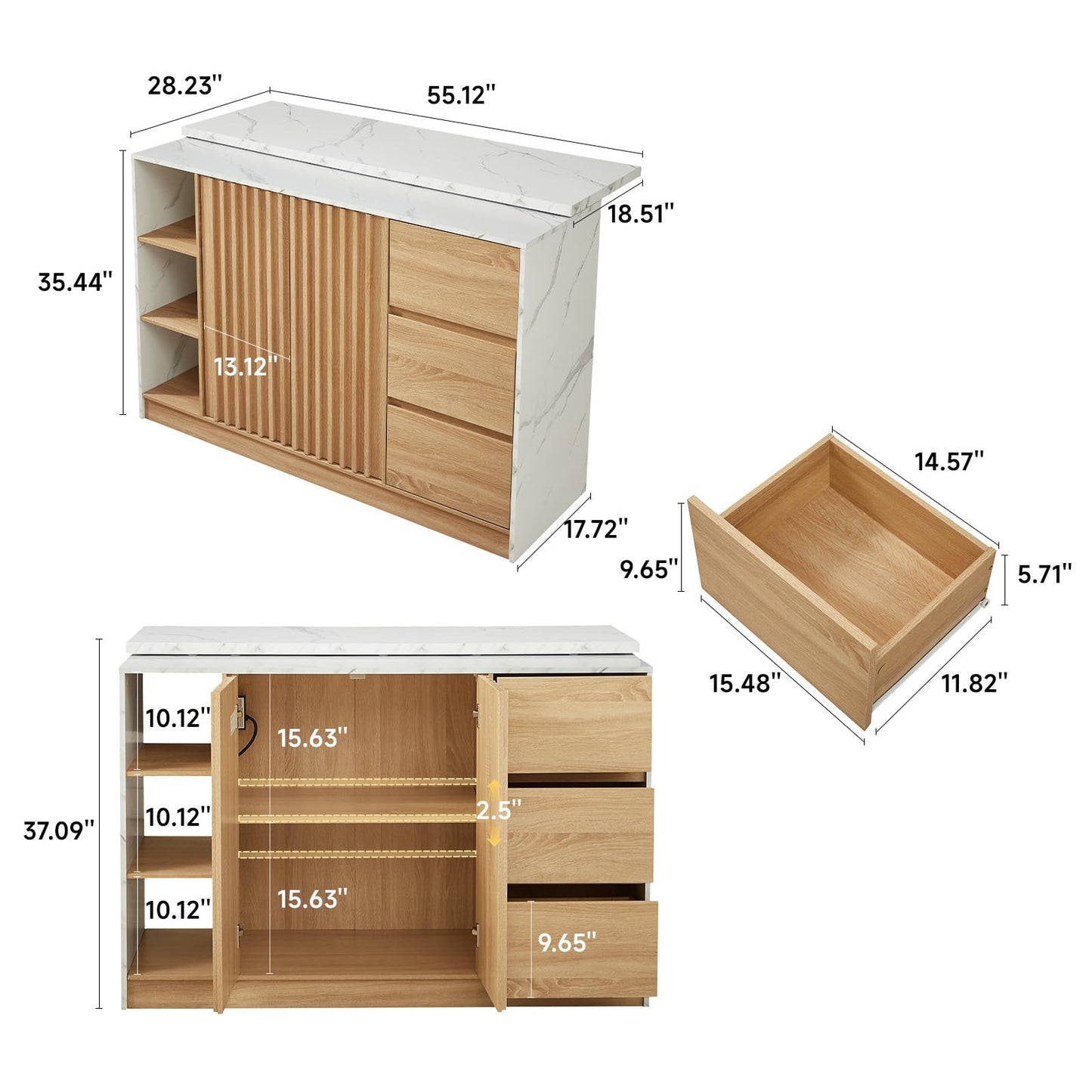 ONBRILL 55" Kitchen Island with Storage, Island Table with Sliding Extendable Countertop, Kitchen Island with Power Outlet for Kitchen, Dining Room, Living Room, White